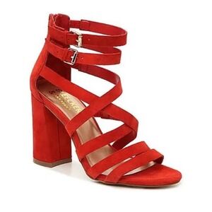 Bleecker & Bond Poppy Red Mindy Chunky Heel Sz 9.5 M, Leather Upper, Strappy